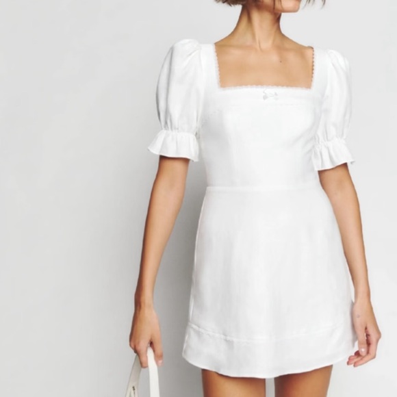 Reformation Evianna Linen Square Neck White Puff Sleeve Mini Dress - Picture 2 of 6